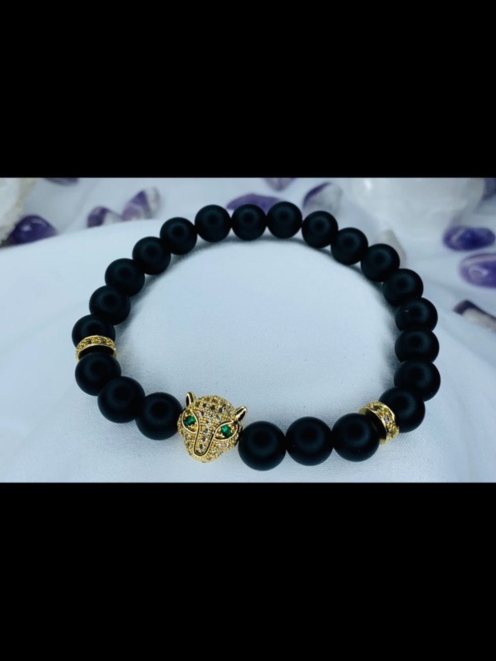 Black Onyx Bead Bracelet with Gold Leopard Head